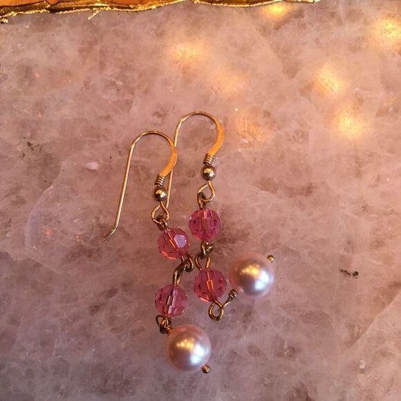 PINK & Pearl Drop Earrings by Dallas Designer - Picture 2 of 8